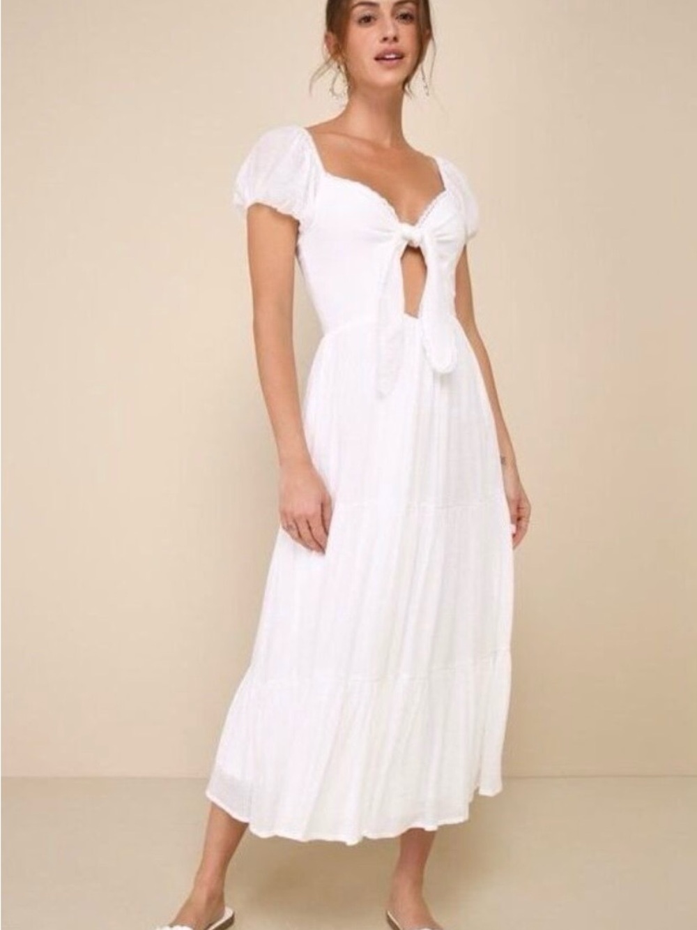 Lulu's White Tie-Front Midi Dress with Puff Sleeves